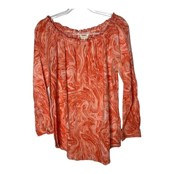 Michael Kors Womens Top Large Orange Swirls Gauzy Boat Neck Long Sleeve - Picture 1 of 13